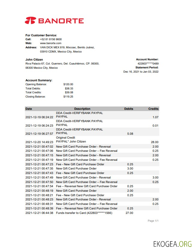 Relevé bancaire Mexique Banorte xls